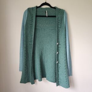 Free People Green Ivory Wool Green Blue Women's (S) Cardigan